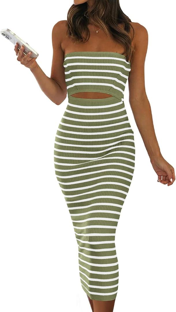 PRETTYGARDEN Womens Summer Beach Sundress Off Shoulder Cut Out Striped Bandeau Bodycon Midi Dress (Striped Army Green White,X-Large) (Green, XL)