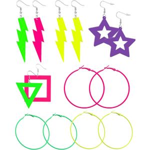 7 Pairs 80s 90s Neon Earrings for Women, Lightweight Colorful Acrylic Statement Earrings, Big Hoop Designs, Comfortable for Retro Outfits, Glow Parties & Music Festivals