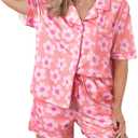 KevaMolly Womens Pajama Sets Pink Flower Print Buttoned Drawstring Waist Lounge Set Short Sleeve Top and Shorts (Medium)