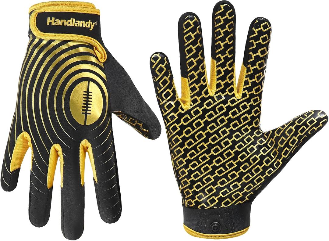 HANDLANDY Youth Football Gloves, Kids Sticky Receiver Gloves,Super Grip Football Glove Best Gift for Boys,Girls (X-Small-Youth, Black and Gold)