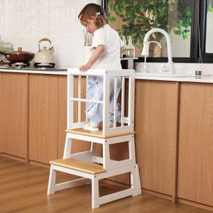 Kids Kitchen Step Stool, Ideal Toddler Learning Standing Tower, 2025 New Upgrade with an Anti-tip Structure and Anti-Drop Safety Bar, More Stable and Safer - White Natural