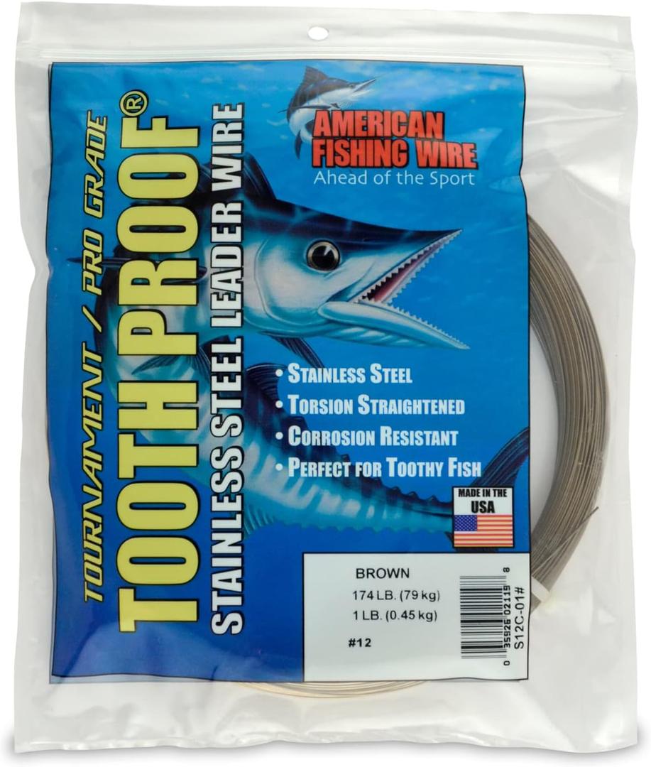 AFW Tooth Proof Stainless Steel Single Strand Hard Leader Wire - Bright and Camo for Shark, Barracuda, King Mackerel, Wahoo, Snook Bite Protection for Toothy Critters, Rigging Baits and Lures