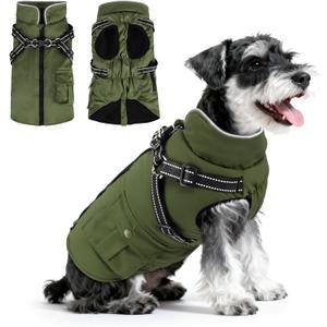 Dog Winter Coat with Harness Built-in | Waterproof Dog Jacket with Zipper & Fleece Lining | Reflective Cold Weather Coat for Small Medium Large Dogs (Army Green, Medium)