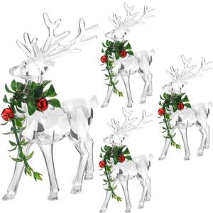 Kathfly 4 Pcs Christmas Acrylic Reindeer Figurines Decoration Reindeer Ornaments with Green Mistletoe and Red Bell Berries Clear Deer Statue for Xmas Holiday Party Decor Table Top Centerpiece