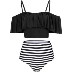 Kaei&Shi High Waisted Flounce Bikini Set,Tummy Control Swimsuits for Women,Off Shoulder (Medium, Black Stripe)