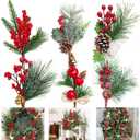 Artificial Christmas Picks 6PCS Assorted Red Berry Picks Stem Faux Cedar Holly Pine Needles Branches Artificial Pine Picks with Pinecones Holly Leaves for Xmas Winter Holiday DIY Craft Wreath
