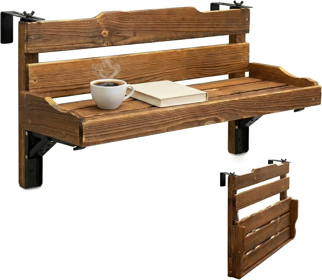 Folding Balcony Railing Table, Solid Wood Balcony Hanging Table, Railing Plant Holder, Balcony Bar Table Furniture for Apartment, Patio, Deck