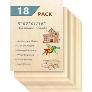 18 Pack Selected Basswood Sheets for Crafts-5 x 7 x 1/16 Inch- 1.5mm Thick Plywood Sheets - Balsa Wood Sheets -Unfinished Wood Boards for Laser Cutting, Wood Burning, Architectural Models, Staining