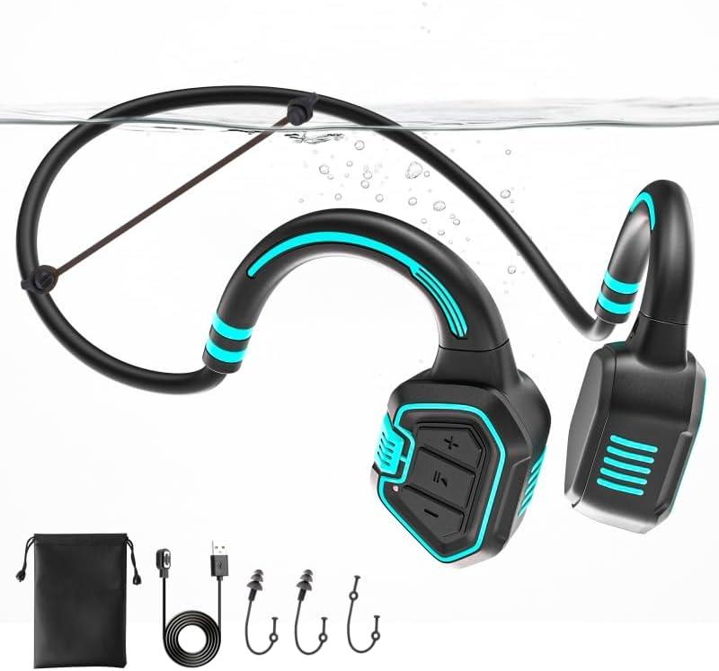 Bone Conduction Swimming Headphones  IP68 Waterproof Bluetooth 5.3 Open-Ear with 32GB MP3 Player, Swim Training Headset for Pool & Open Water, Blue