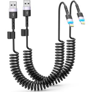 Coiled Lightning Cable, 2 Pack, 3 FT, iPhone Cord for Car, Apple CarPlay [MFi Certified], Short USB to Lightning Charging Compatible with iPhone 14/13/12/11, iPad, AirPods (Black)