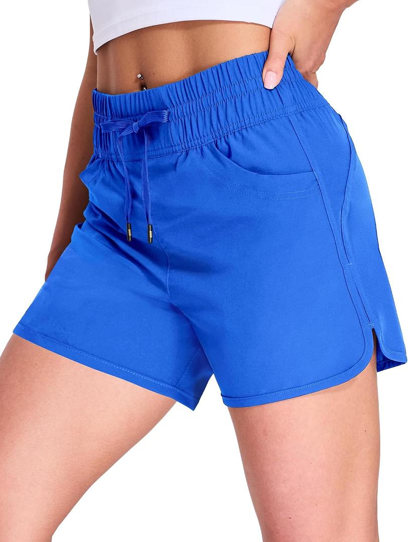 MIER Women's Running Shorts Quick Dry Athletic Workout High Waisted Active Shorts with Liner Zipper Pocket 4 Inch (Blue, L)