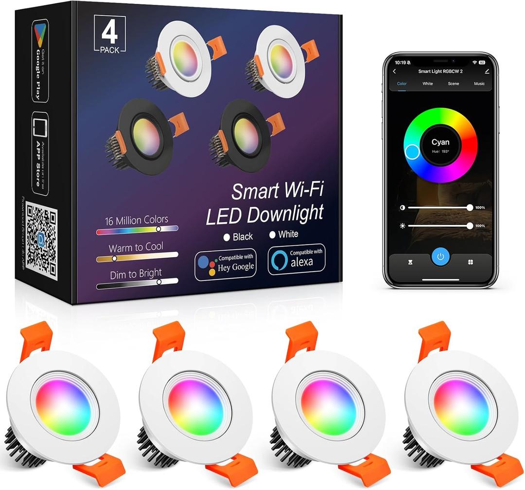 4 Pack 2 Inch Smart Recessed Lighting, 5W WiFi LED Downlight, Dimmable RGB & CCT 2700K-6500K, Compatible with Alexa & Google Home, 120V Recessed Ceiling Light with LED Driver