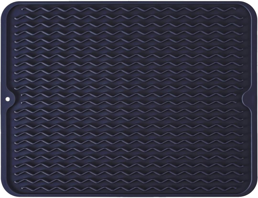 Silicone Dish Drying Mat for Multiple Usage, Easy clean, Eco-friendly, Heat-resistant Dish Drainer Mat for Kitchen Counter,Sink,Refrigerator or Drawer liner (18" x 16", Dark Blue)