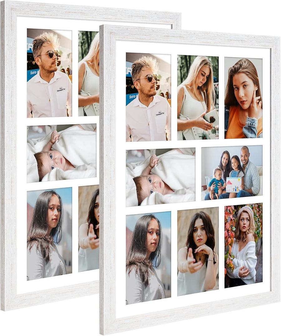 13x17 Collage Frame with 8 Openings 4X6 Pictures, Multiple Picture Frame with Mat, Wall or Tabletop Decor, White Wood Grain,2 Pack