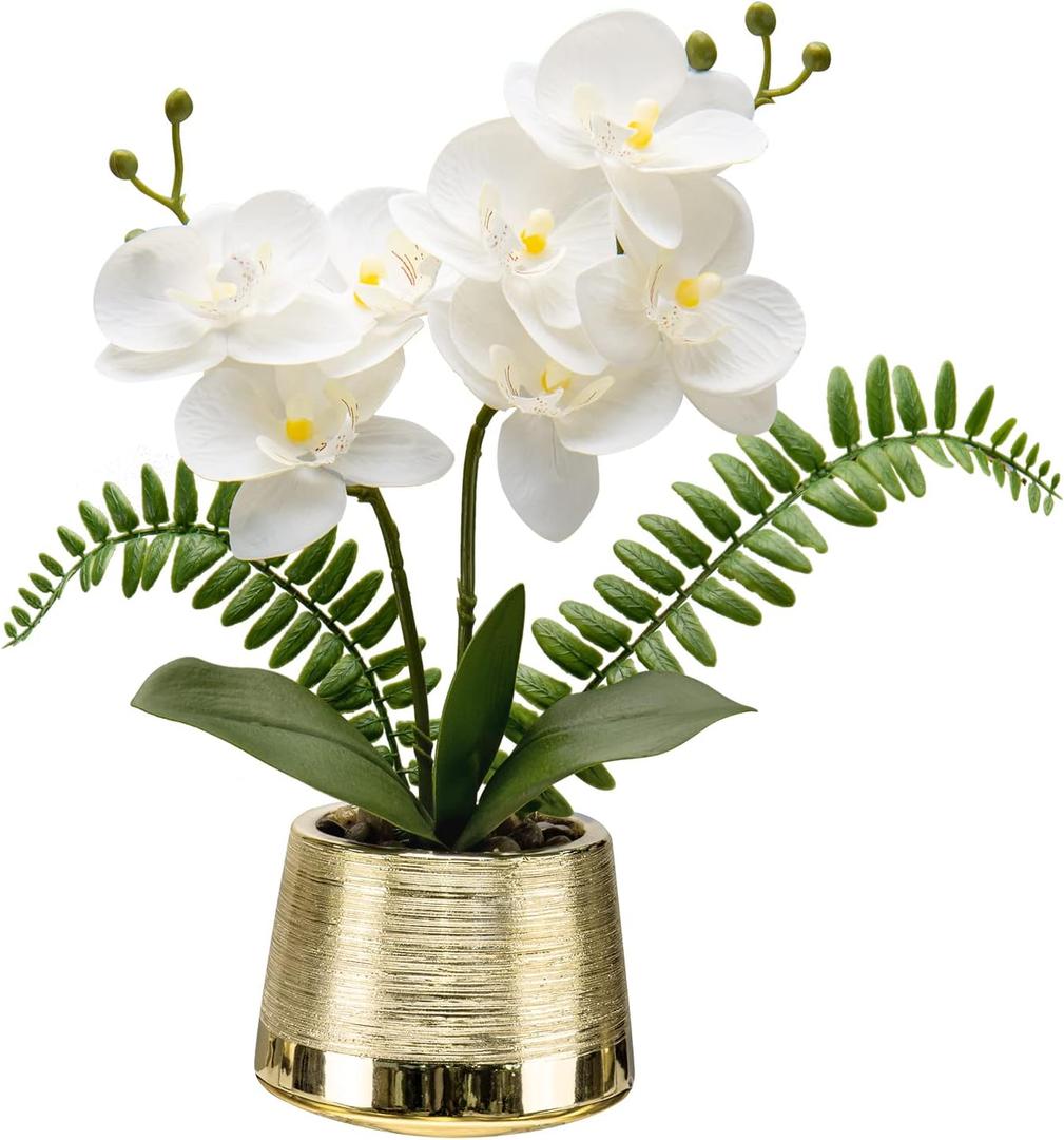 Oairse White Orchids Artificial Flowers in Gold Pot Faux Phaleanopsis Orchid Bonsia Fake Orchid Centerpiece for Dining Room
