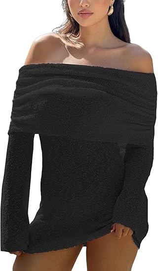 Unybwonn Women's Off Shoulder Mini Short Dress Bodycon Long Sleeve Crochet Sexy Going Out Mesh Elegant Sweater Dresses, S, Black