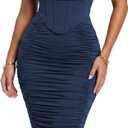 Scarlett Women's Off the Shoulder Faux-Corset Ruched Midi Dress (Blue, S)