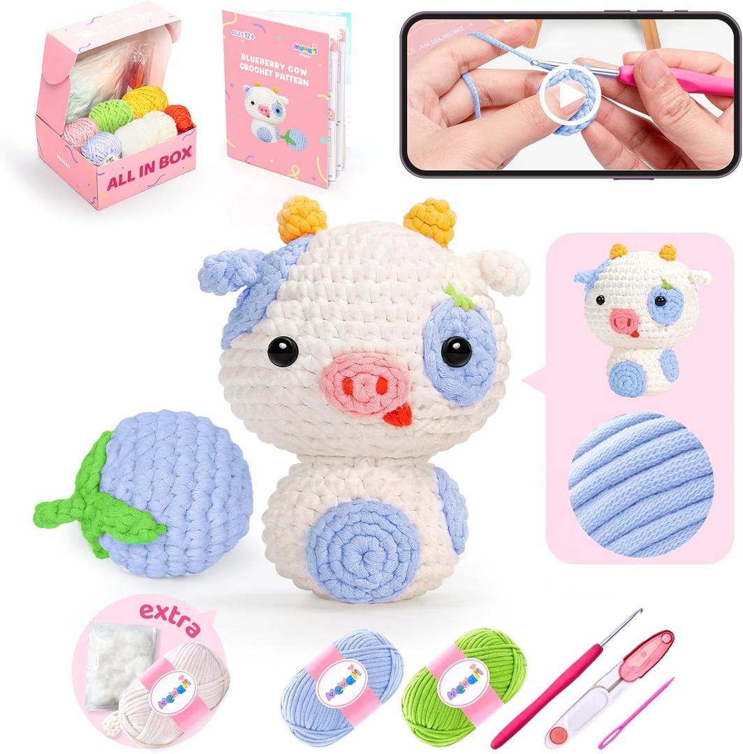 Mewaii Crochet Kit for Beginners Level 2 with 40% Extra Eco-Friendly Pre-Started Easy Yarn, Step-by-Step Video Tutorials for Adults and Kids (Blueberry Cow) (White Blue)