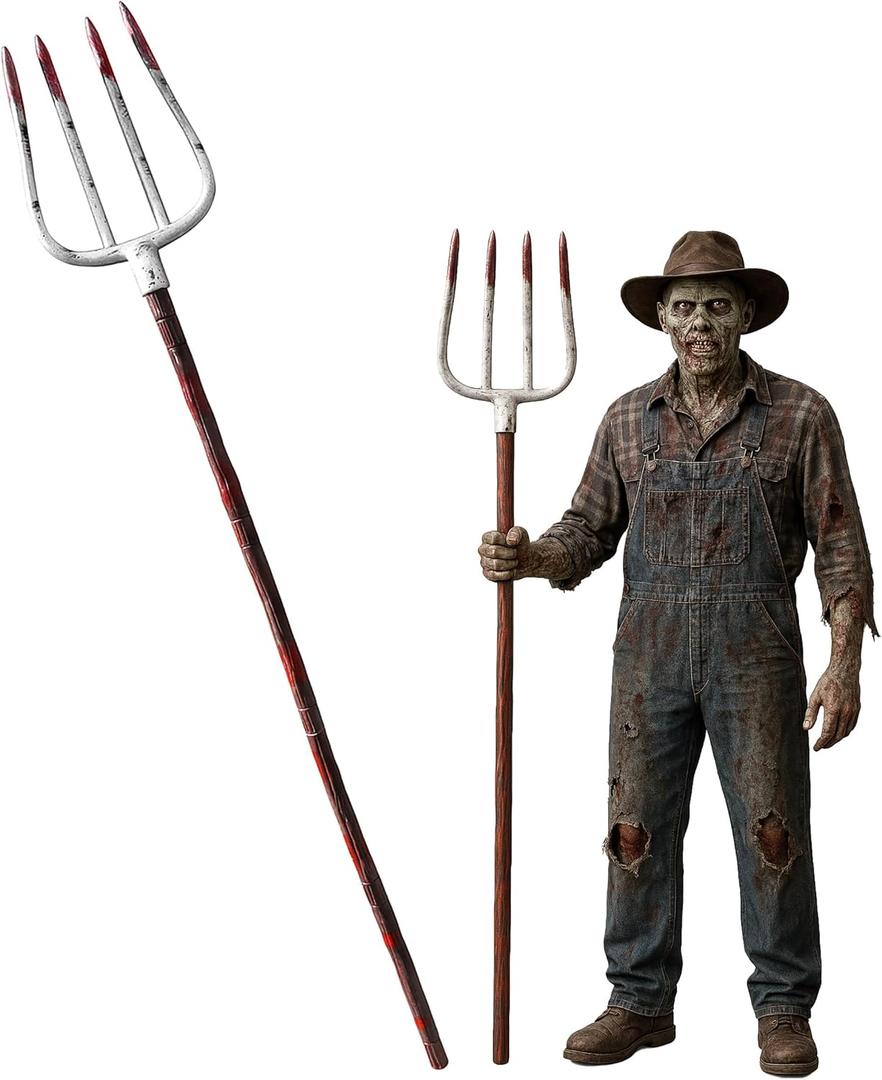 Nicky Bigs Novelties Halloween Fake Bloody Pitchfork Costume Accessories Plastic Decoration Weapons Prop Scary Pronged Fork with Fake Blood and Realistic Strong Heavy-Duty Plastic, 60 Inches Tall