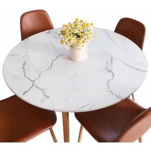 White Marble Round Fitted Tablecloth Stone Texture Washable Table Cover for Kitchen Dining Party 40-44 inch
