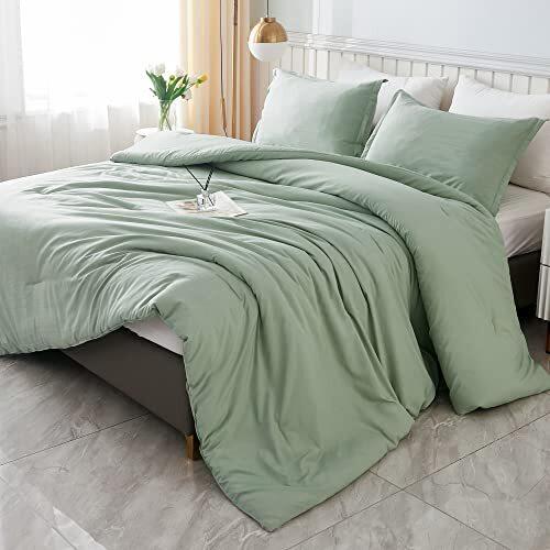 Full Comforter Set Olive Green Comforter Soft Lightweight For All Seasons, 4 Pcs, 80x90, 2 Flatted Sheets And 1 Fitted Sheet
