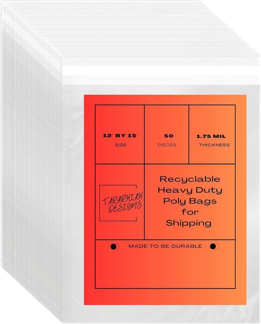 Heavy Duty Poly Bags for Shipping, 12 by 15 Mailer Bags, Home Storage. Clear, Durable, Tear Resistant, 100% Safe PE, Flexible, Can Be Recycled, Suffocation Warning in 3 Languages, 50 count (One Size)
