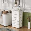 Furnulem White Dresser with 5 Drawers, Vertical Storage Tower Fabric Dresser for Bedroom, Hallway, Entryway, Nursery, Closet Organizer, Nightstand Bedside Table Furniture, Sturdy Steel Frame, Wood Top White