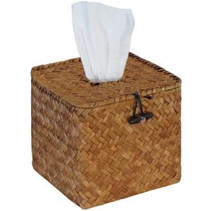 PINXIURY Segrass Woven Tissue Box Cover, Boho Tissue Holder with Lid, Farmhouse Napkin Holder for Toilet Bathroom Living Room Kitchen Bedroom Office Table Desk Car, Natural 5.9" L x 5.7" W x 5.7" H