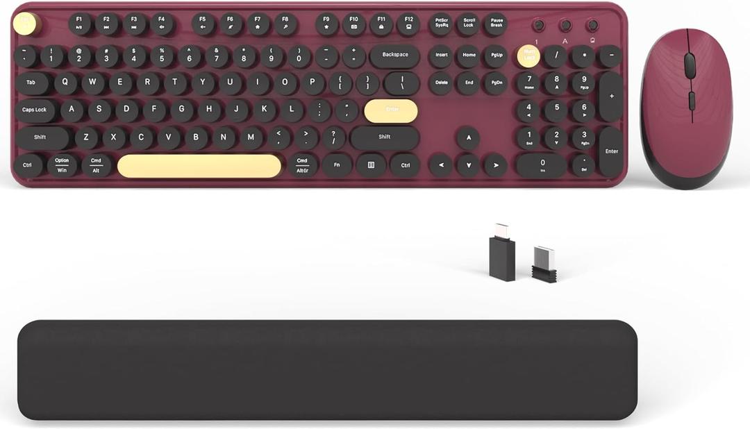 Wireless Computer Keyboards Mouse Combos, COVEVA Colorful Typewriter Retro Keyboard with Round Keycaps, USB Keyboard and Mouse Set 2.4GHz Full-Size Wireless Keyboard and Optical MouseBlack-Claret