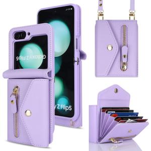 Cavor for Samsung Galaxy Z Flip 5 Case Wallet with Wrist Crossbody Strap Lanyard Card Holder Stand Shoulder Slot,Z Flip 5 Phone Case Cute,Anti-Drop,Leather Zipper Pocket Shockproof Case-Purple