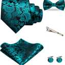 Mens Paisley Tie and Pre-tied Paisley Bow Tie with Pocket Square Cufflinks Clip Set (Teal)