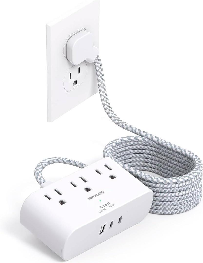 Extension Cord 15 Ft, HANYCONY Ultra Thin Flat Plug Power Strip with 3 Outlets 3 USB Ports (2 USB C), Wall Mount, Multi Plug Outlet Extender Desk Charging Station for Travel Dorm Room Essentials