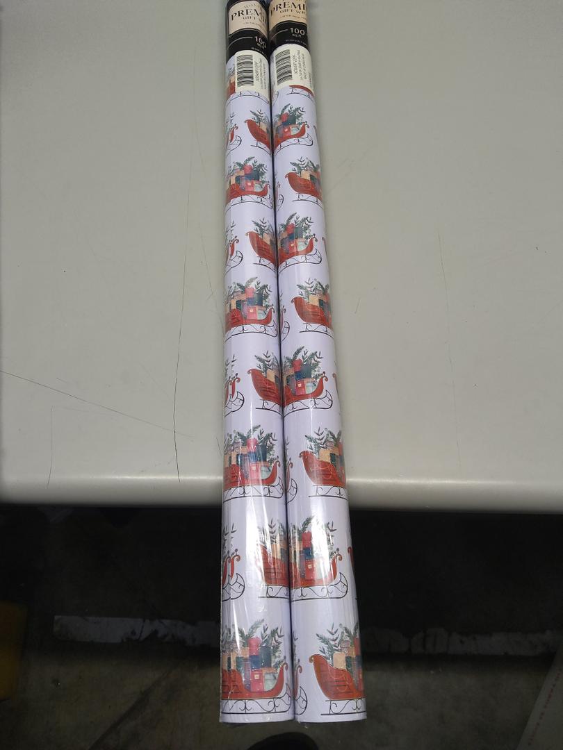 Pack Of 2 LaRibbons Christmas Wrapping Paper Jumbo Roll with Red Pom Pom, Classic Sled Design Gift Wrap Set for Christmas, Holiday, Party Celebration, 30 Inch X 40 Feet (100 sq. ft. ttl.)