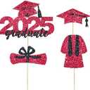 4 Pcs 2025 Graduate Cake Topper Red Glitter Congrats Grad Cake Topper Class of 2025 Cake Decor for 2025 Senior High School/College/University Happy 2025 Graduation Party Supplies Decorations, 3pack