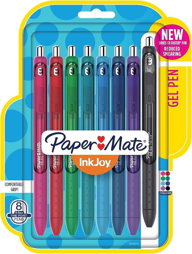 Paper Mate InkJoy Retractable Gel Pen, Fine Point, Assorted Ink, 8/Pack (1968614)