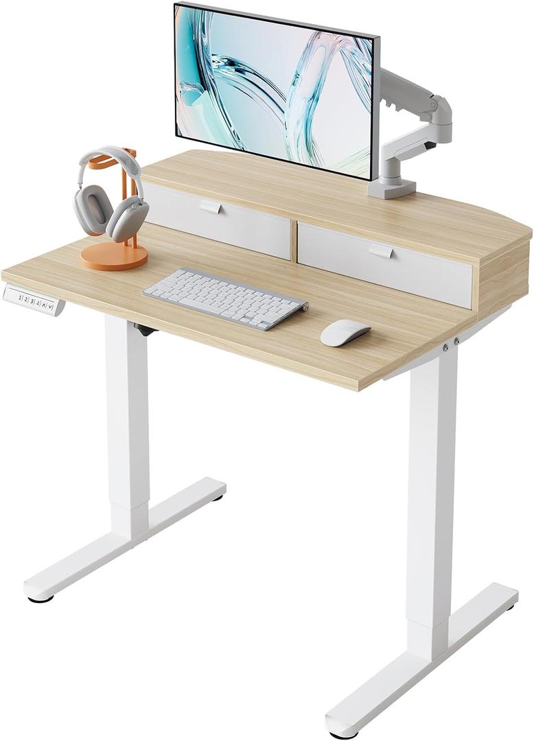 HUANUO 32 x 21 inch Small Electric Standing Desk with 2 Drawers, C-Clamp Mount Compatible, Height Adjustable Sit Stand Desk, Home Office Stand Up Desk with 4 Memory Height Settings, Light Walnut