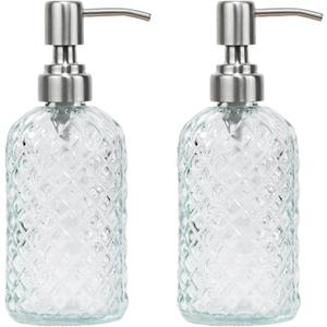 16 oz Diamond Pattern Glass Soap Dispenser, Kitchen and Bathroom Refillable Soap Dispenser with Rust Resistant Stainless Steel Pump for Hand Soap, Lotion Glass Liquid Dispenser (Clear-Pack of 2)