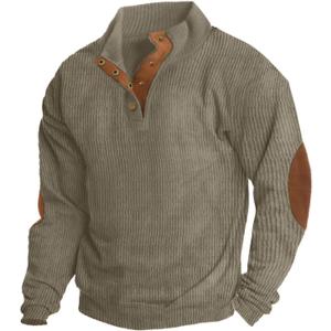 Mens Casual Corduroy Sweatshirt Long Sleeve Stand Collar 1/4 Button Up Pullover Fall Polo Sweaters (X-Large, D Thin-grey Green)