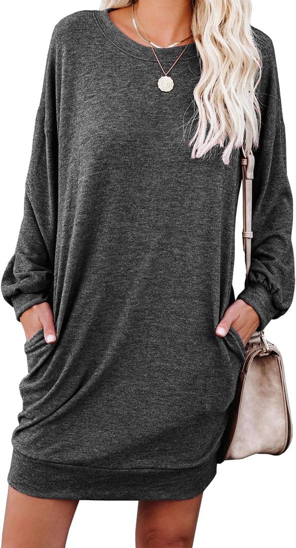 PrinStory Women's Casual Sweater Dresses Fall Winter Crewneck Loose Fit Pullover Tunic Dress with Side Pockets for Work S-4XL (Medium, A04-dark Gray)