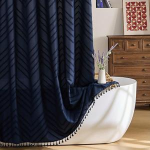 Siiluminisoy Navy Blue Shower Curtain Fabric Boho Shower Curtain Cloth Textured Tufted Chevron Elegant Shower Curtains Waterproof for Bathroom 72 x 72