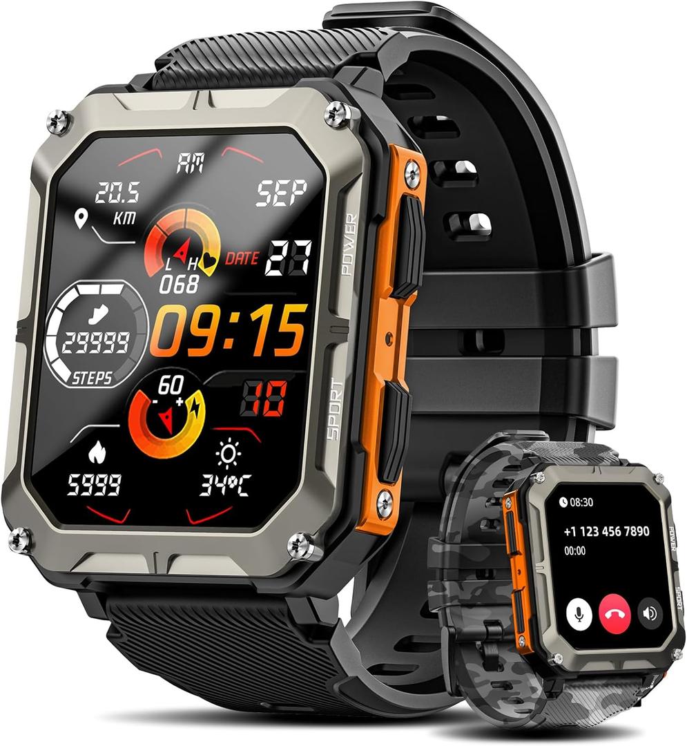 Military Smart Watch for Men with Blood Pressure (Answer/Make Call), Rugged Tactical Smartwatch for Android and iPhone, 10 ATM Waterproof Outdoor Sports Fitness Tracker with Heart Rate, Sleep Monitor (Orange)