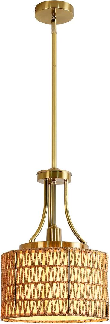 11.8" Modern Boho Rattan Gold Pendant Light Adjustable Rod Vintage Farmhouse Drum Fabric Pendant Light Fixture Woven Bamboo Wicker Pendant Lights for Kitchen Island, Dining Room, Bedroom