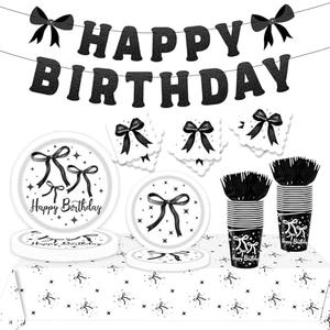 Black Bow Birthday Party Supplies Coquette Birthday Decorations Includes Bow Plates Napkins Cups Banner Tablecloth for Girls Bachelorette Party Decor Serve 24 (Black Bow)