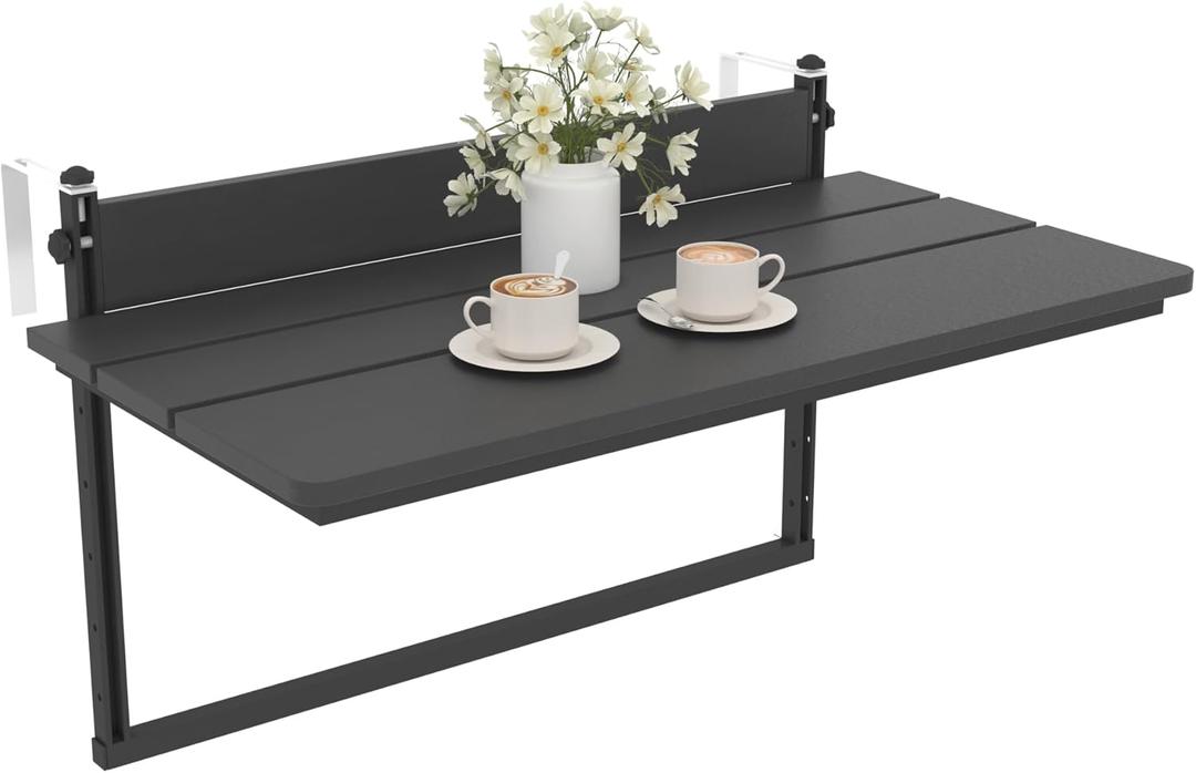 Sundale Outdoor 32" Large Folding Balcony Table for Railing, Patio HDPE Bar Adjustable Hanging Mounted Table for Baluster Garden Deck, Black