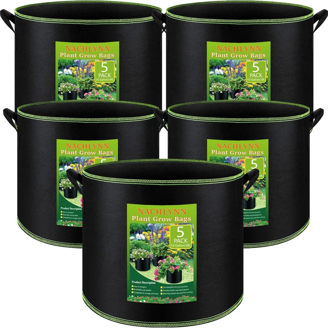 NACHLYNN 5-Pack 10 Gallon Grow Bags with Handles Thickened Nonwoven Fabric Pots Heavy Duty Aeration Fabric Pots Plant or Fruits Flowers Plant