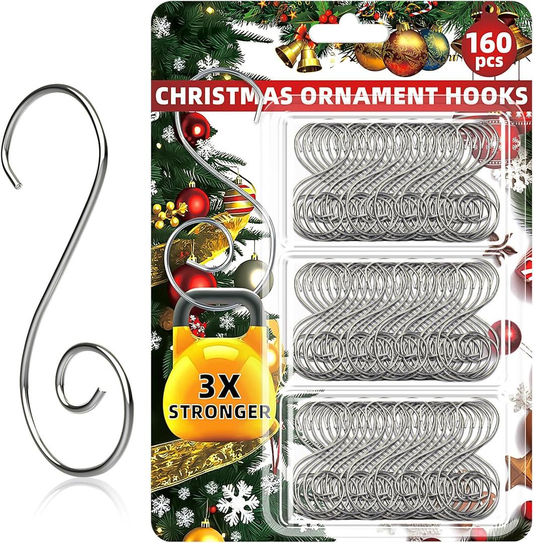 160 Pcs Christmas Ornament Hooks Silver S-Shaped Hangers with Storage Box Christmas Tree Hooks for Ornaments, Xmas Ornament Hangers for Tree Decoration