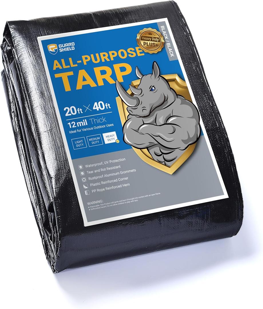 GUARD SHIELD Heavy Duty Tarp 20x40 Feet Black Tarp Large Outdoor Tarps Waterproof with Grommets Cover 12mil