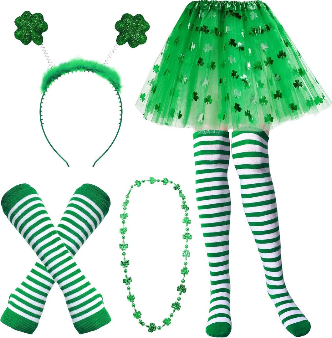 Unittype St. Patrick's Day Costume Set Striped Socks Arm Warmer Gloves 3 Layered Tulle Tutu Shamrock Headband Necklaces