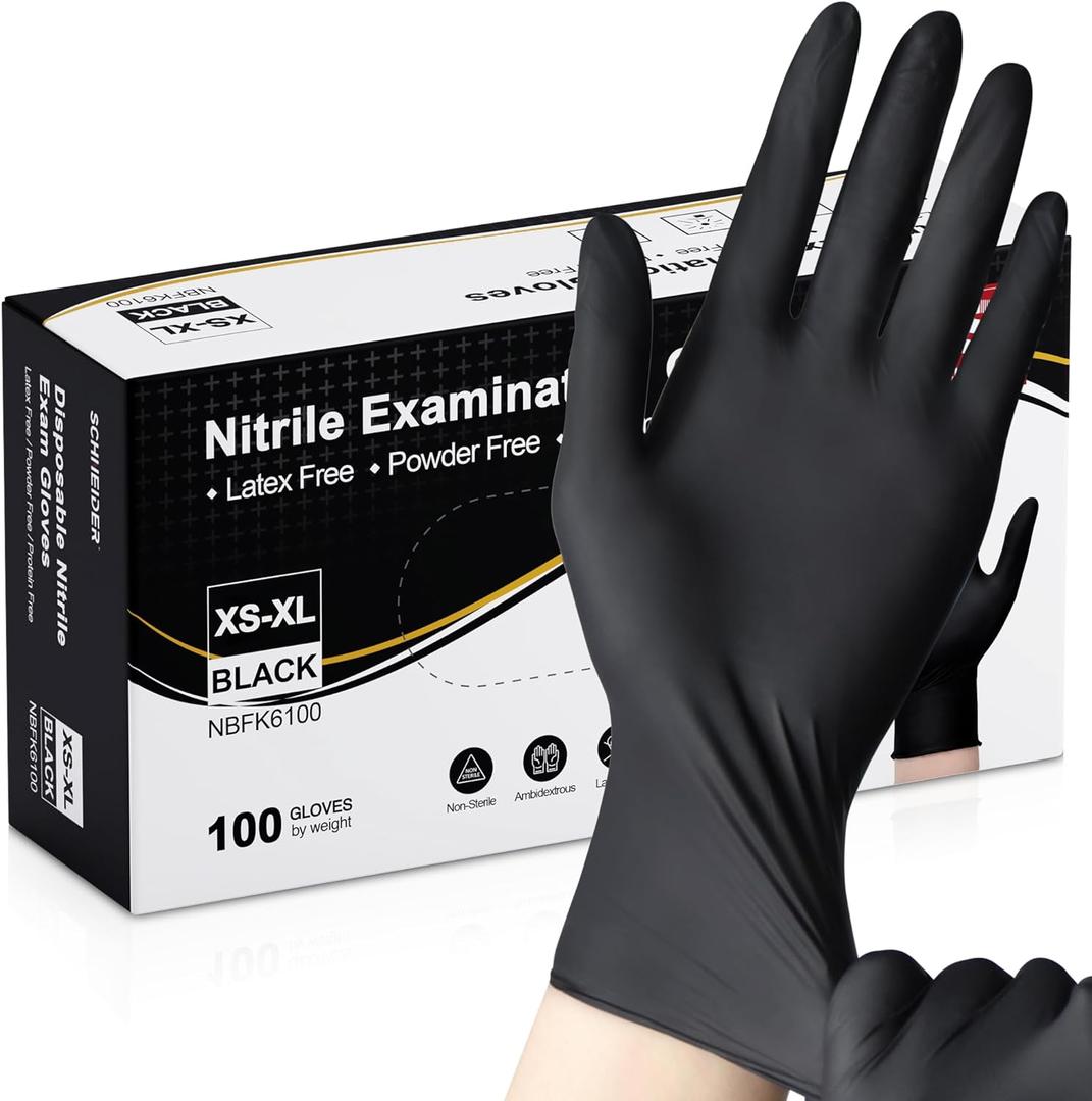Schneider Nitrile Exam Gloves -L, 100-ct Box, Black Disposable Gloves Latex-Free, Powder-Free, Food Safe, Medical Gloves for Cooking, Cleaning, Examination