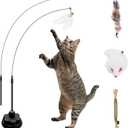 Suction Cup Cat Toys for Indoor Cats,3 in 1 Interactive cat Toys for Indoor Cats,Self Play or Handheld,Feathers & Bells,Realistic Toy Mouse and Silvervine SticksBlack